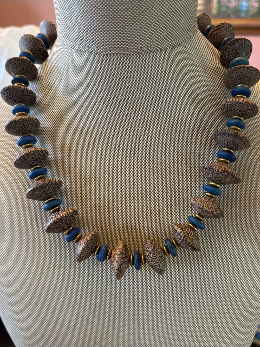Vintage Black Palm Wood & Blue Stone Bicone Necklace Boho